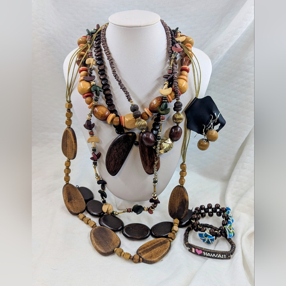 Wood Jewelry Bundle Beads Necklaces Bracelets Natural Bohemian Lot
